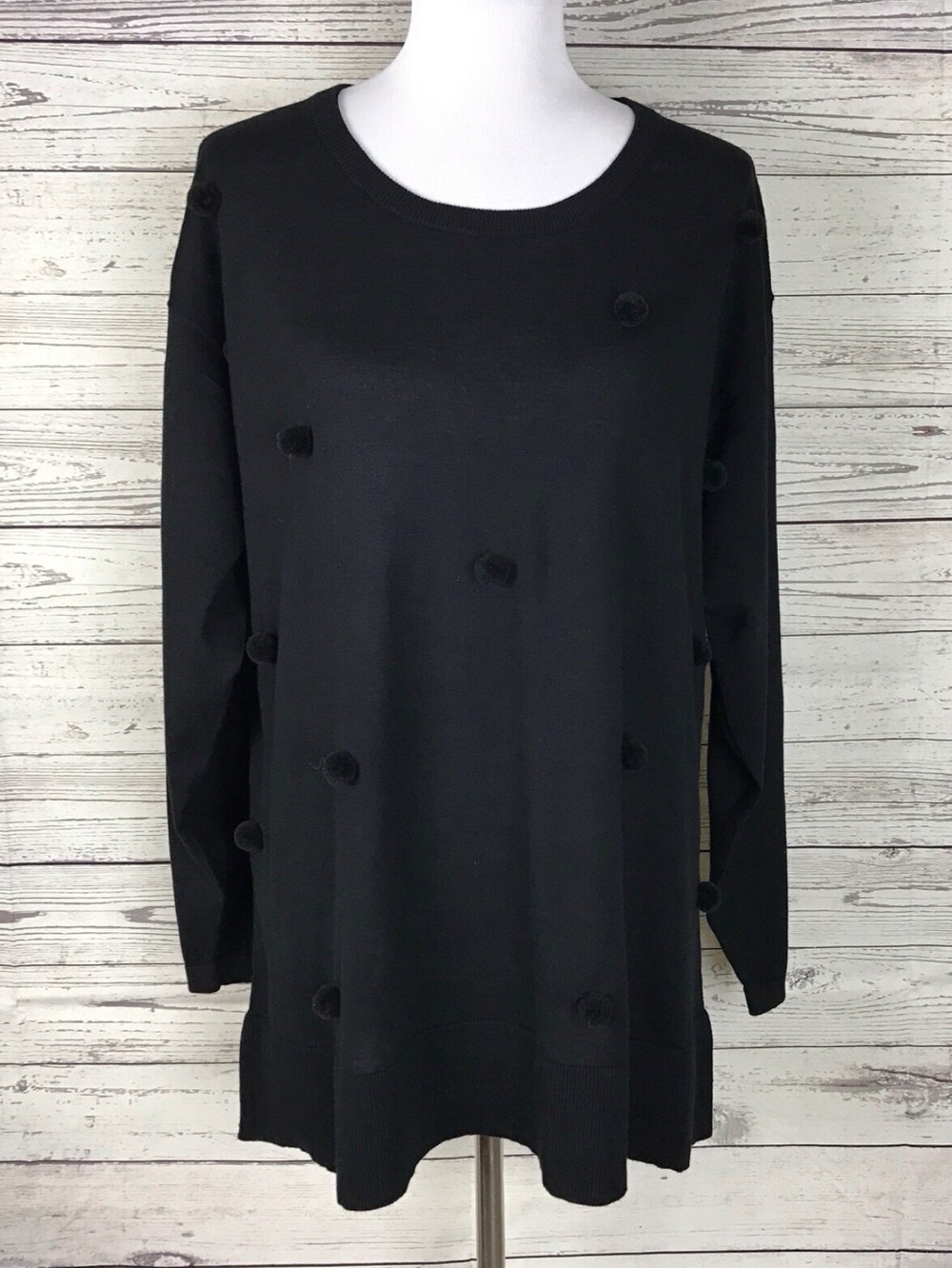 crown & ivy Black Pom Pom Crewneck Sweater Size 2X